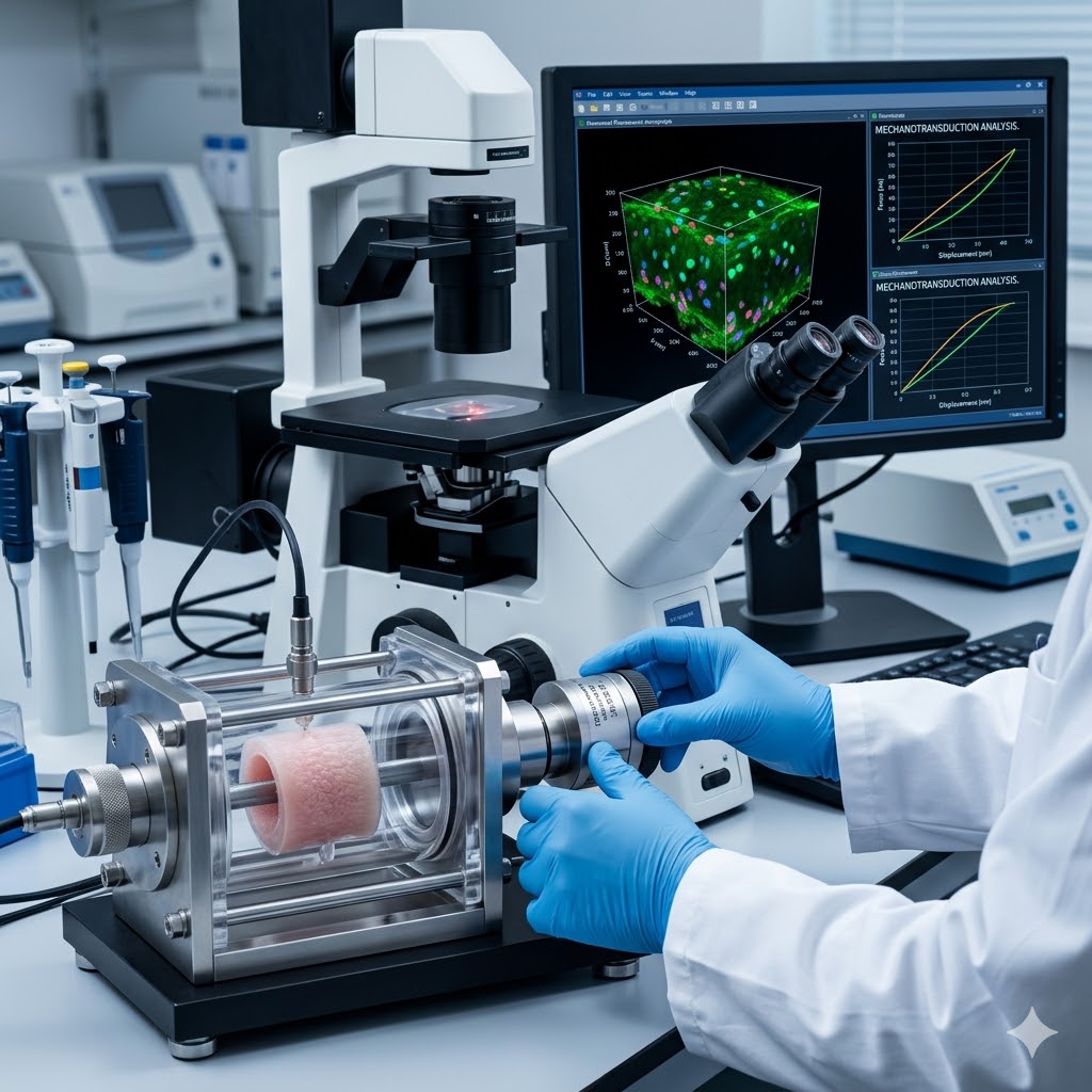 Zaawansowane badania naukowe nad mechanotransdukcją w chondrocytach i regeneracją tkanki chrzęstnej w warunkach laboratoryjnych – format kwadratowy